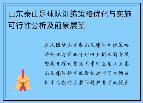 山东泰山足球队训练策略优化与实施可行性分析及前景展望