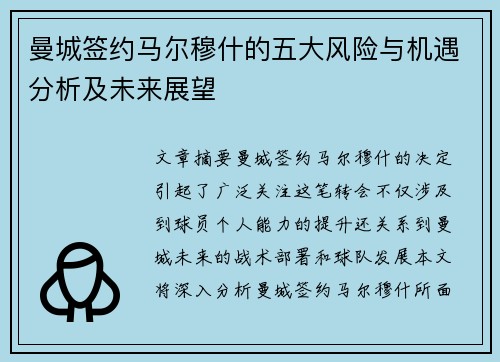 曼城签约马尔穆什的五大风险与机遇分析及未来展望